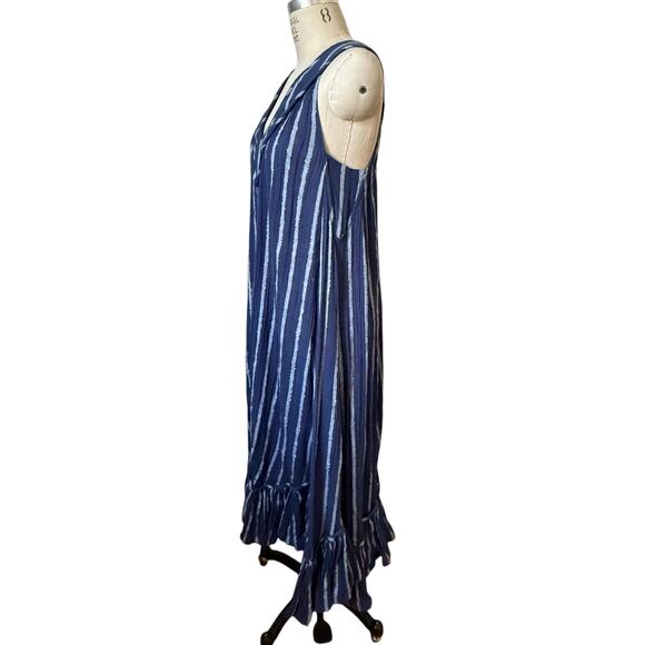 Vintage 70s Striped Summer Caftan Sundress in Blue & Silver Stripe Size Large - Picture 3 of 4